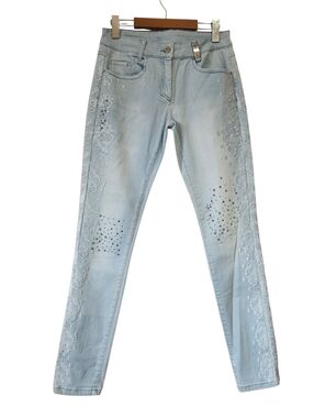 Sportalm Lunna Embellished Skinny Jeans Floral Lace Rhinestone Luxury Denim Sz 6